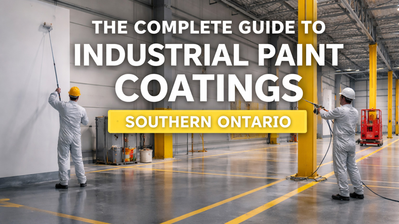 Industrial paint coatings being applied in a warehouse facility in Southern Ontario by professional industrial painting contractors